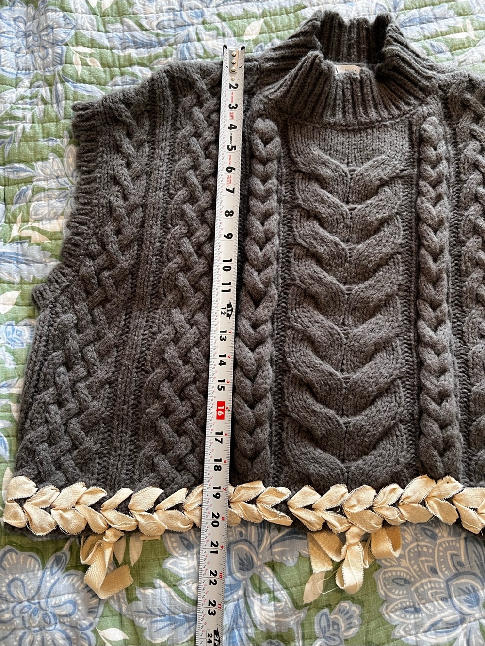 Zara Charcoal Cable Knit Artisan Sweater Vest Fringe Boho Cottagecore SZ Medium - Picture 15 of 15